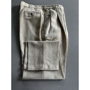 Lands End Men's Dress Pants 38 Regular Beige Khaki Pleated Front Linen Cotton